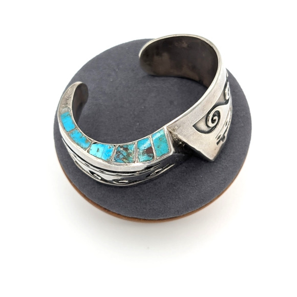 Estate VTG Native American Navajo Top Bottom Side Inlay Turquoise Sterling Cuff - Picture 13 of 15